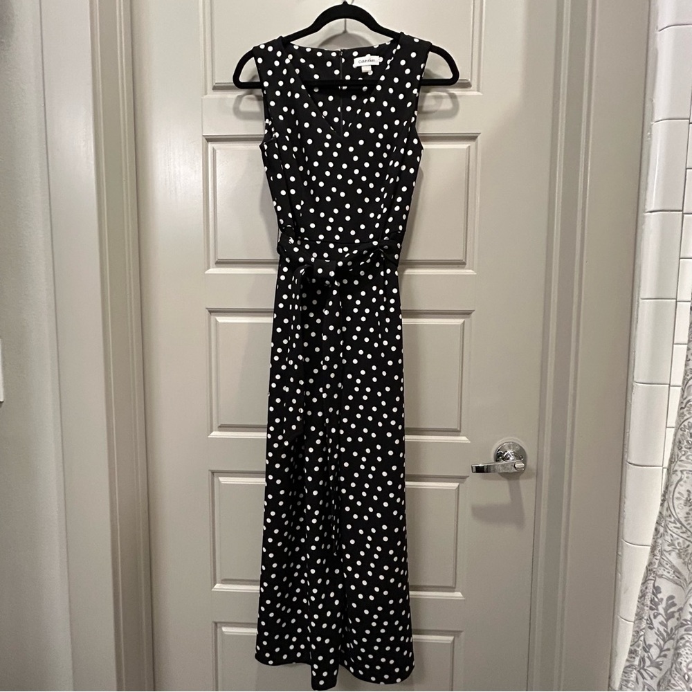 Calvin Klein Black and White Polka Dot Midi Dress